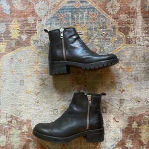 Black Leather Double Zip Chunky Ankle Boots Size 9